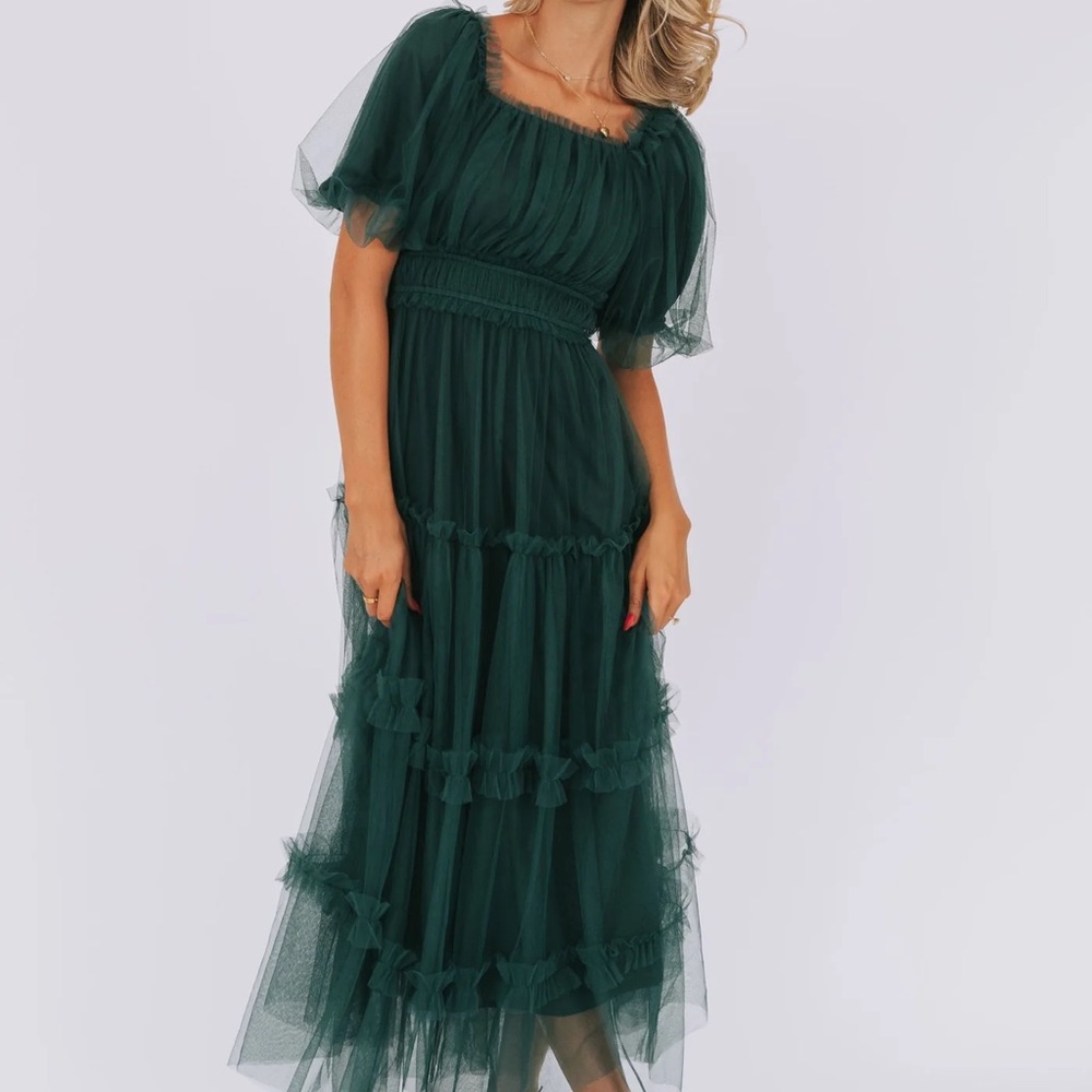 One Loved Babe Stuck With You Emerald Green Puff Sleeve Tulle Dress